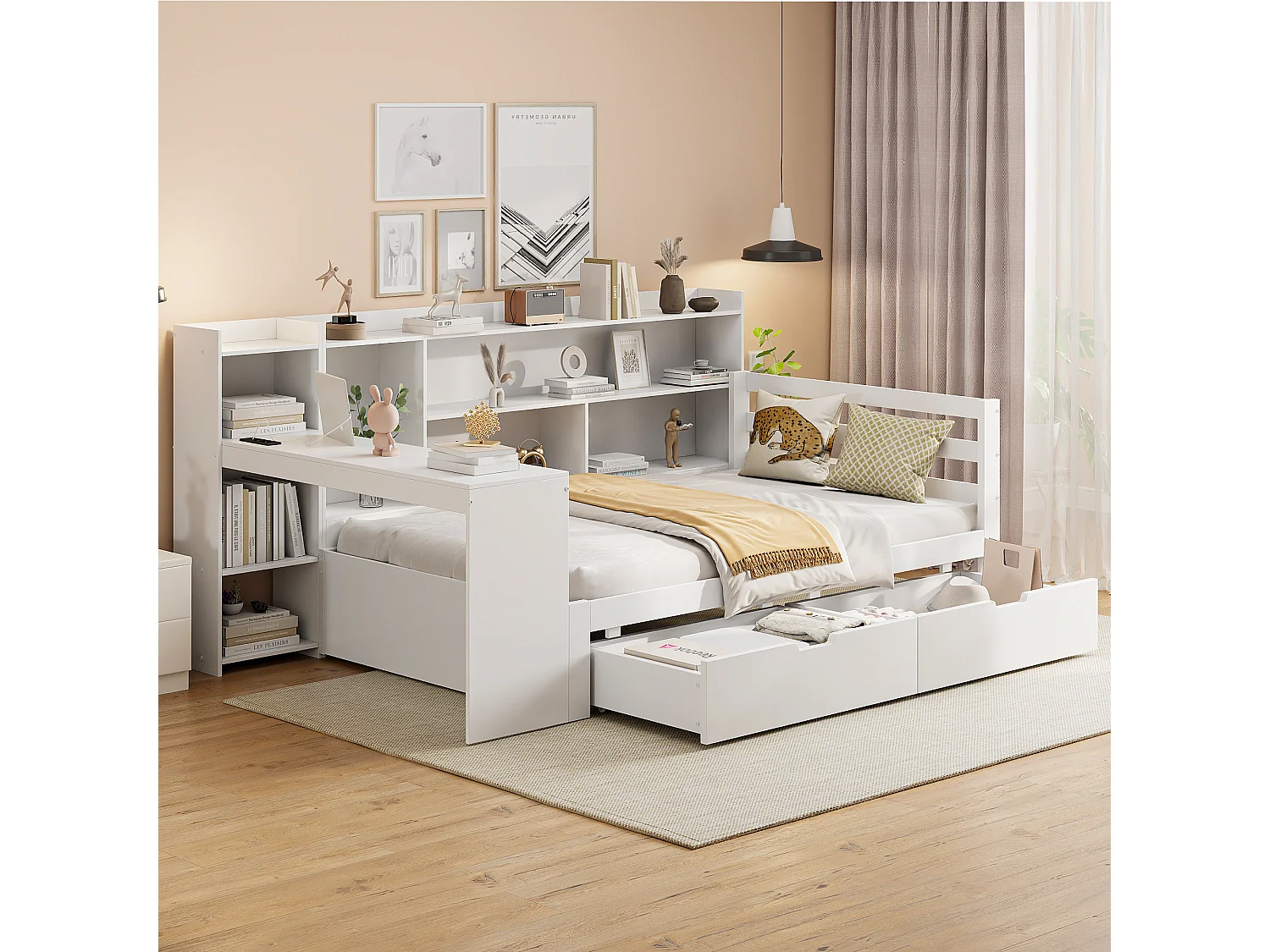 Lit banquette simple blanc 90x200cm avec 2 tiroirs, bureau, prise et rangement, pin + MDF