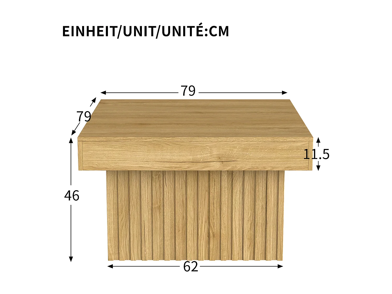Table basse naturelle, panneaux de particules et MDF, 79x79x46cm