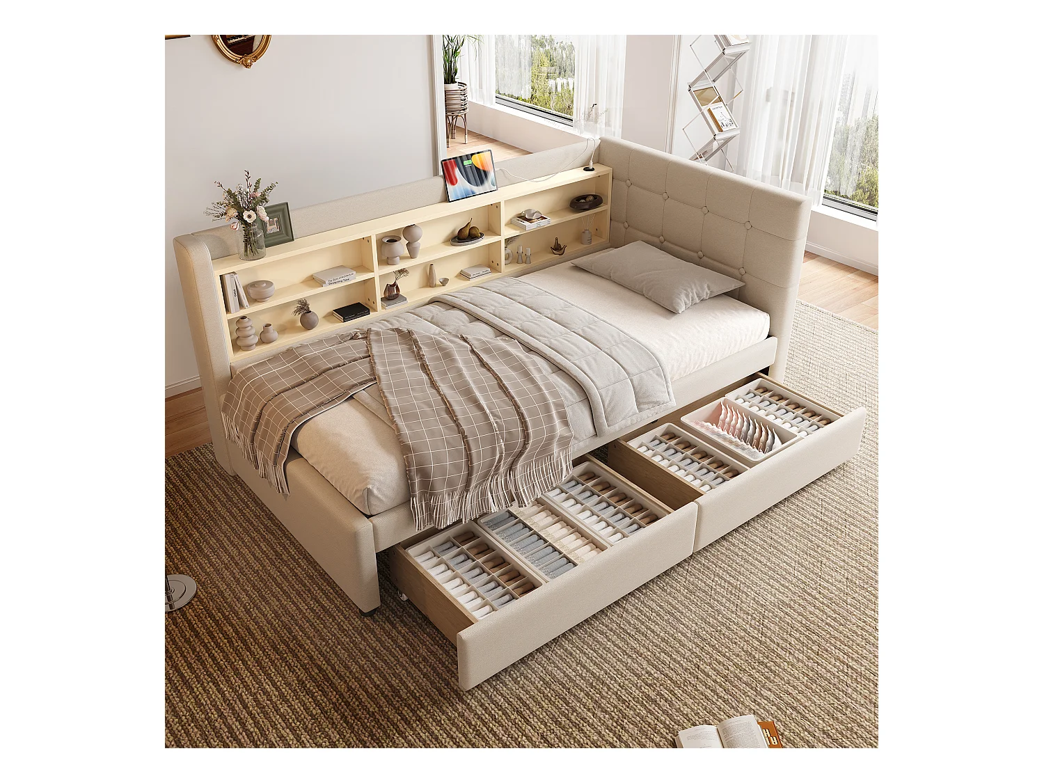 Lit banquette simple 90x200 cm avec 2 tiroirs, USB + Type C et rangement, tissu lin beige