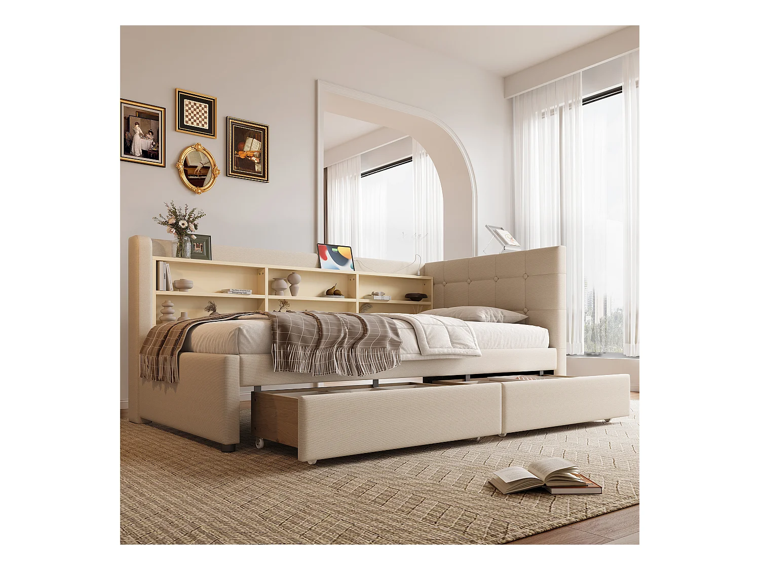 Lit banquette simple 90x200 cm avec 2 tiroirs, USB + Type C et rangement, tissu lin beige