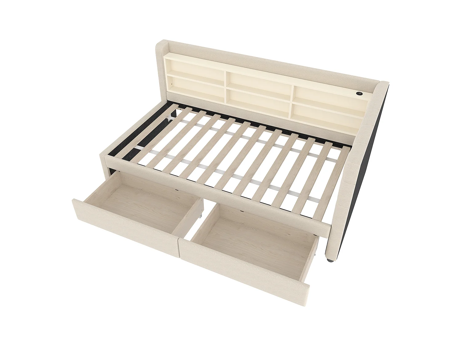 Lit banquette simple 90x200 cm avec 2 tiroirs, USB + Type C et rangement, tissu lin beige