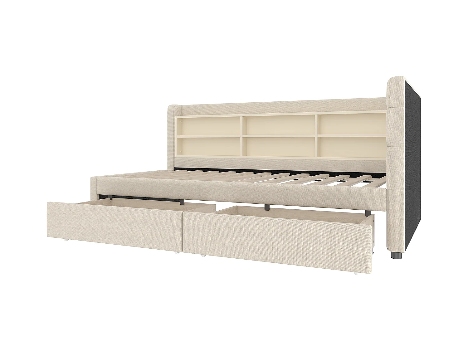 Lit banquette simple 90x200 cm avec 2 tiroirs, USB + Type C et rangement, tissu lin beige