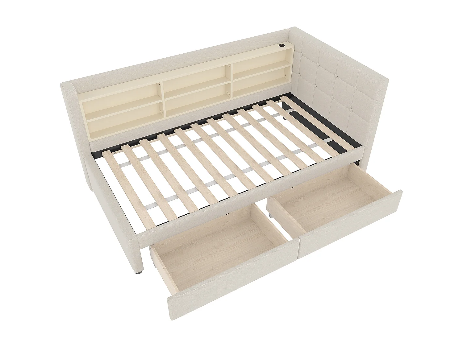 Lit banquette simple 90x200 cm avec 2 tiroirs, USB + Type C et rangement, tissu lin beige