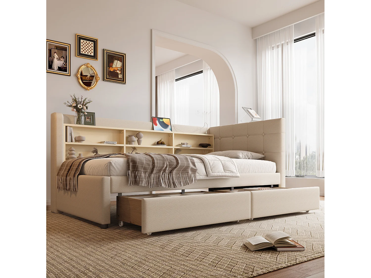 Lit banquette simple 90x200 cm avec 2 tiroirs, USB + Type C et rangement, tissu lin beige