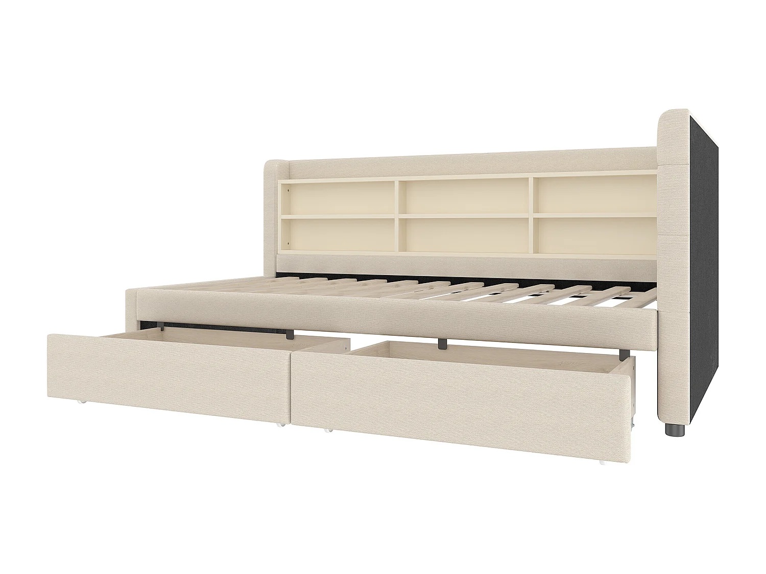Lit banquette simple 90x200 cm avec 2 tiroirs, USB + Type C et rangement, tissu lin beige