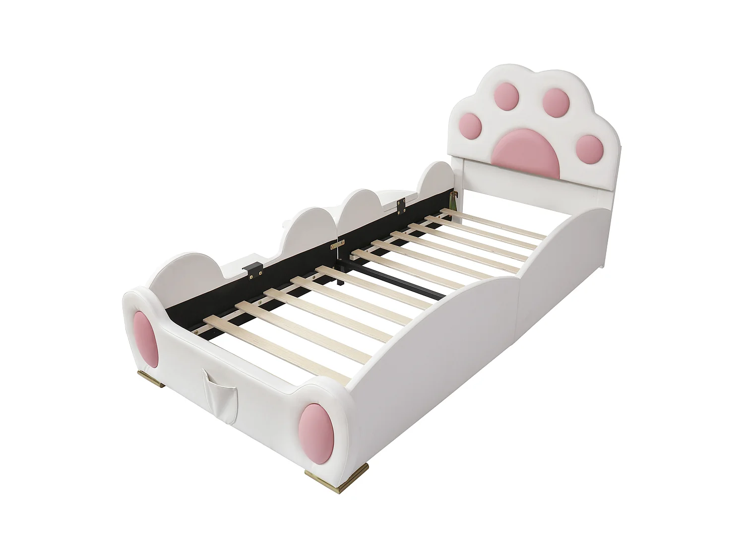 Kinderbed 90x200cm met glijbaan en ladder, kattenpoot hoofdbord, wit + roze