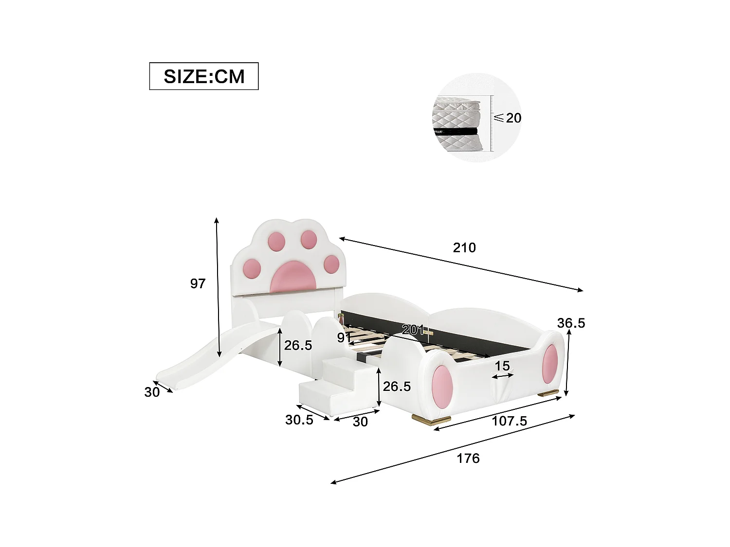 Kinderbed 90x200cm met glijbaan en ladder, kattenpoot hoofdbord, wit + roze