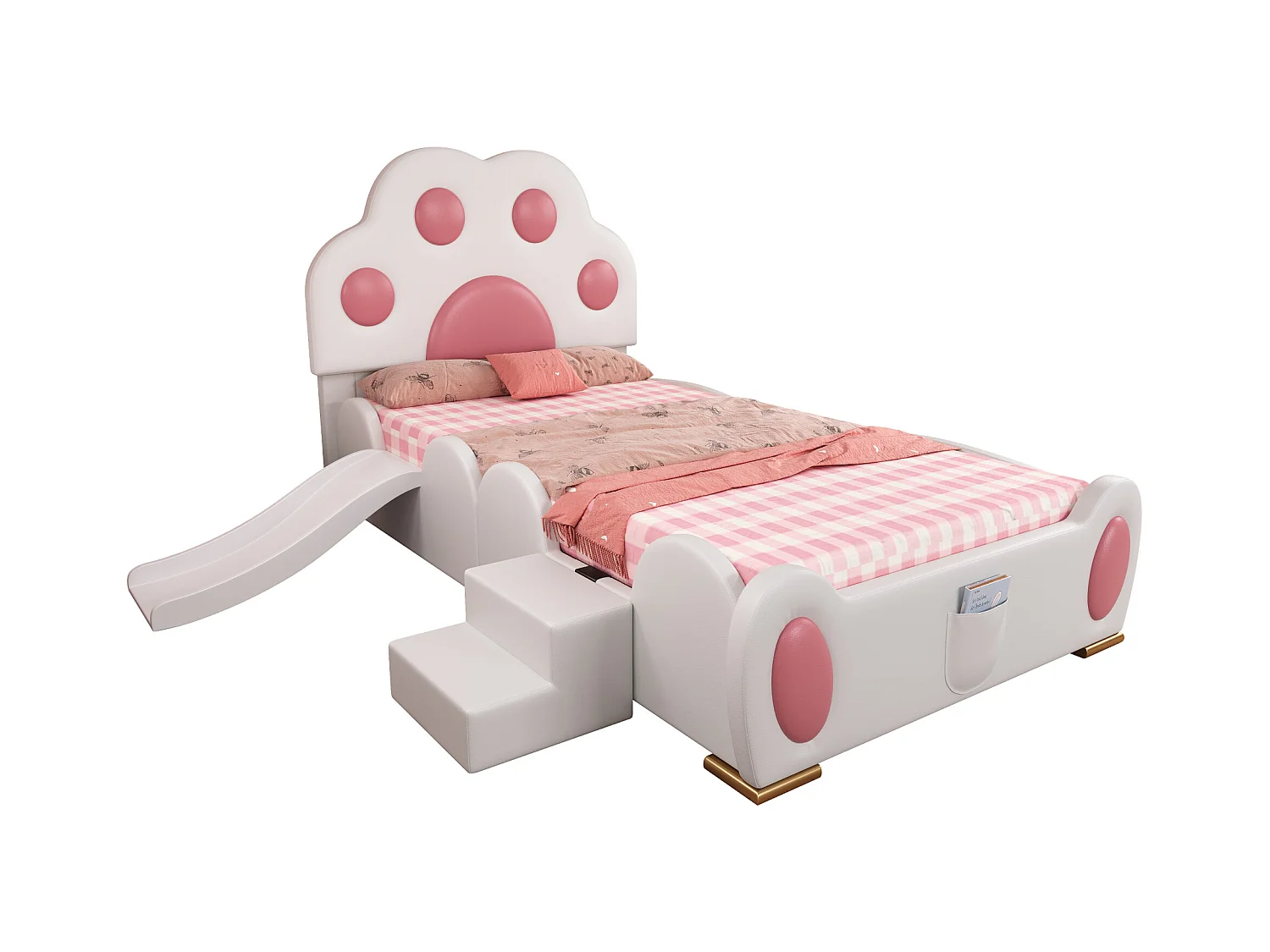 Kinderbed 90x200cm met glijbaan en ladder, kattenpoot hoofdbord, wit + roze