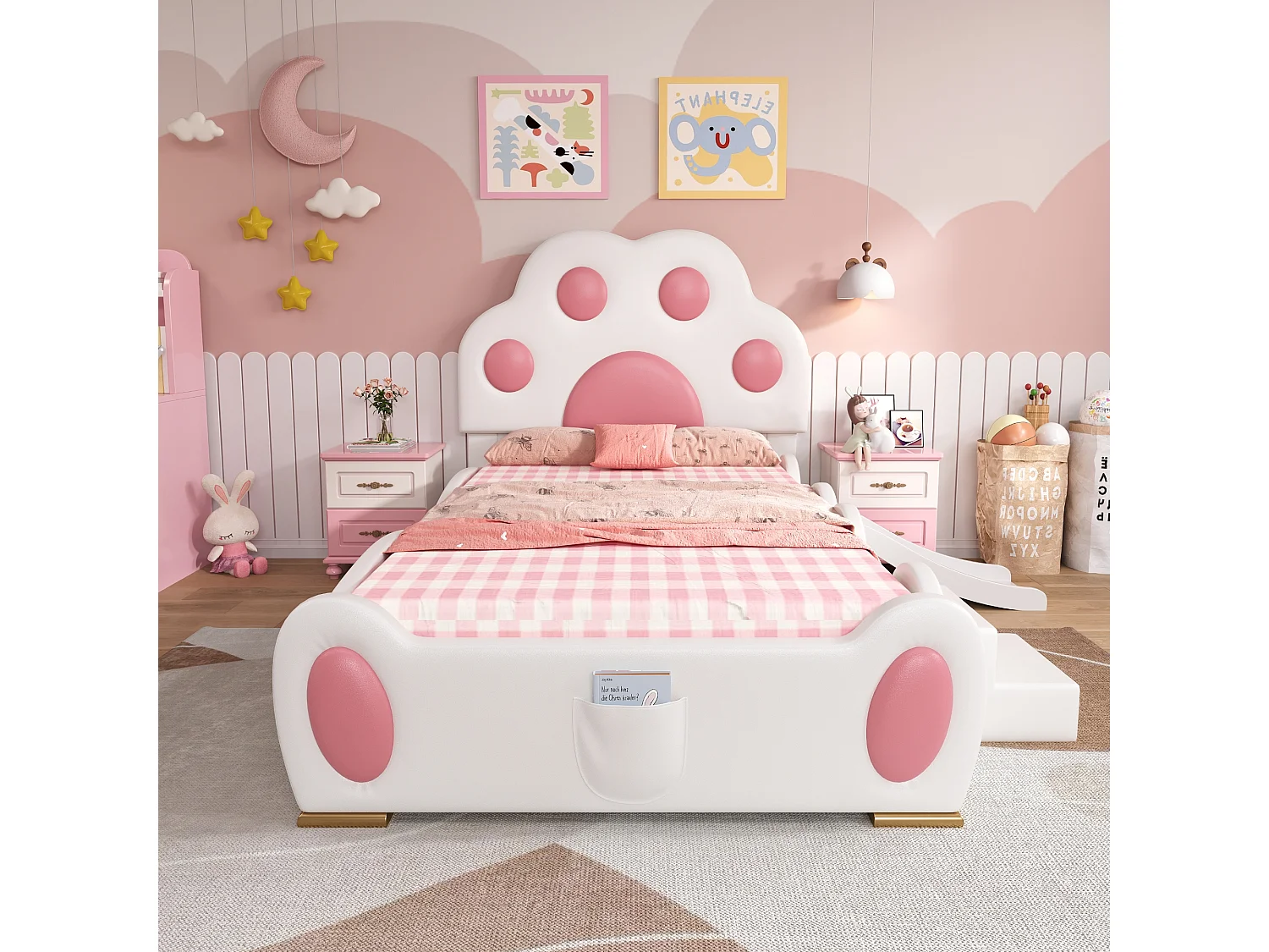 Kinderbed 90x200cm met glijbaan en ladder, kattenpoot hoofdbord, wit + roze