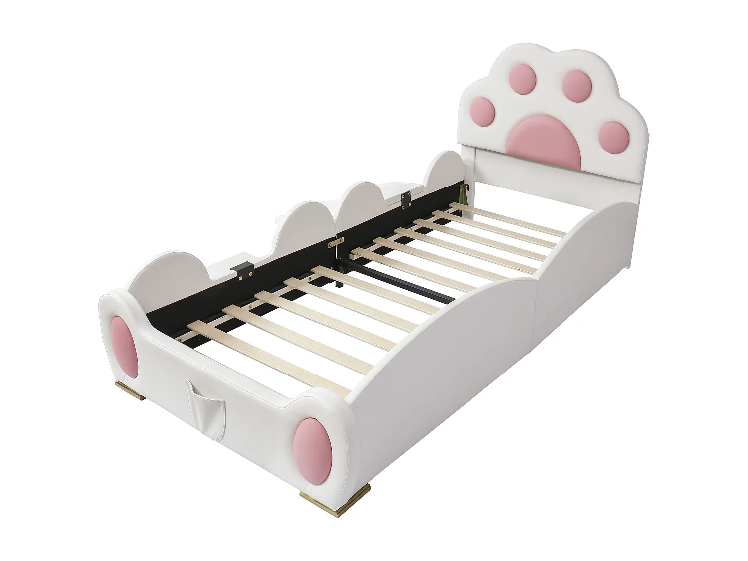 Kinderbed 90x200cm met glijbaan en ladder, kattenpoot hoofdbord, wit + roze
