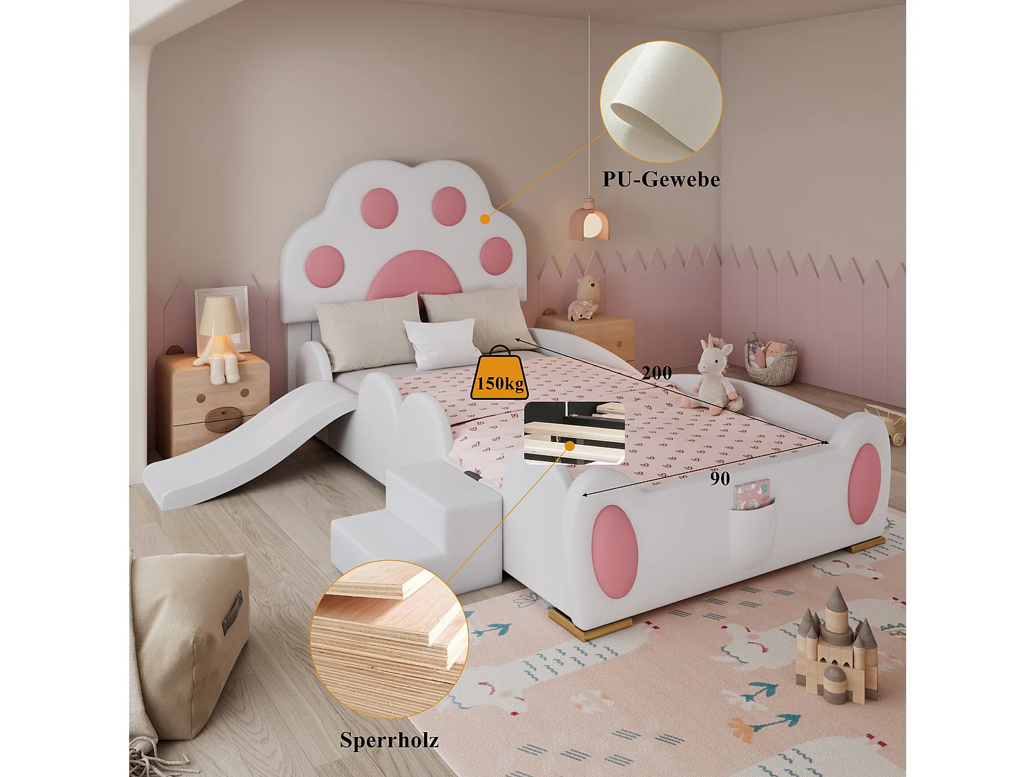 Kinderbed 90x200cm met glijbaan en ladder, kattenpoot hoofdbord, wit + roze