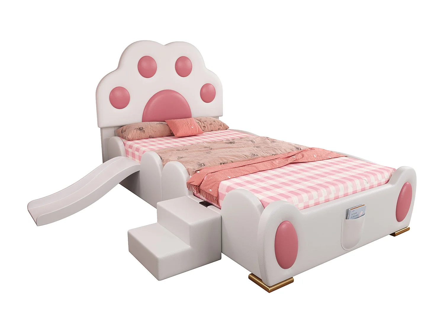 Kinderbed 90x200cm met glijbaan en ladder, kattenpoot hoofdbord, wit + roze