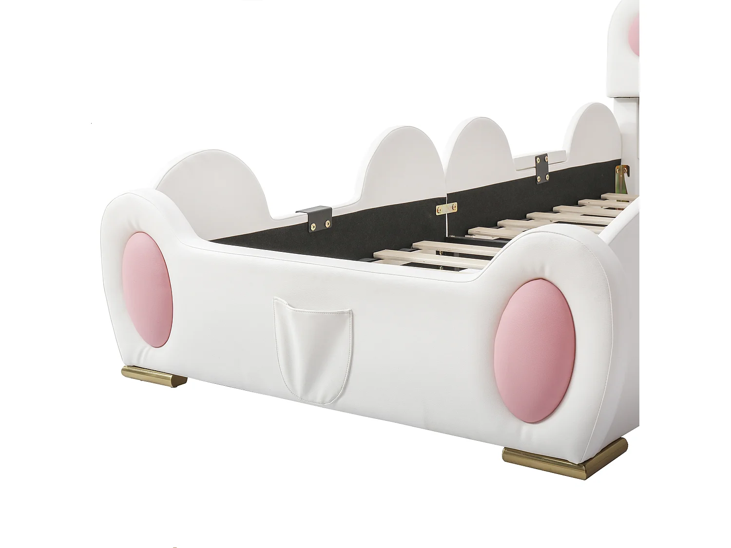 Kinderbed 90x200cm met glijbaan en ladder, kattenpoot hoofdbord, wit + roze