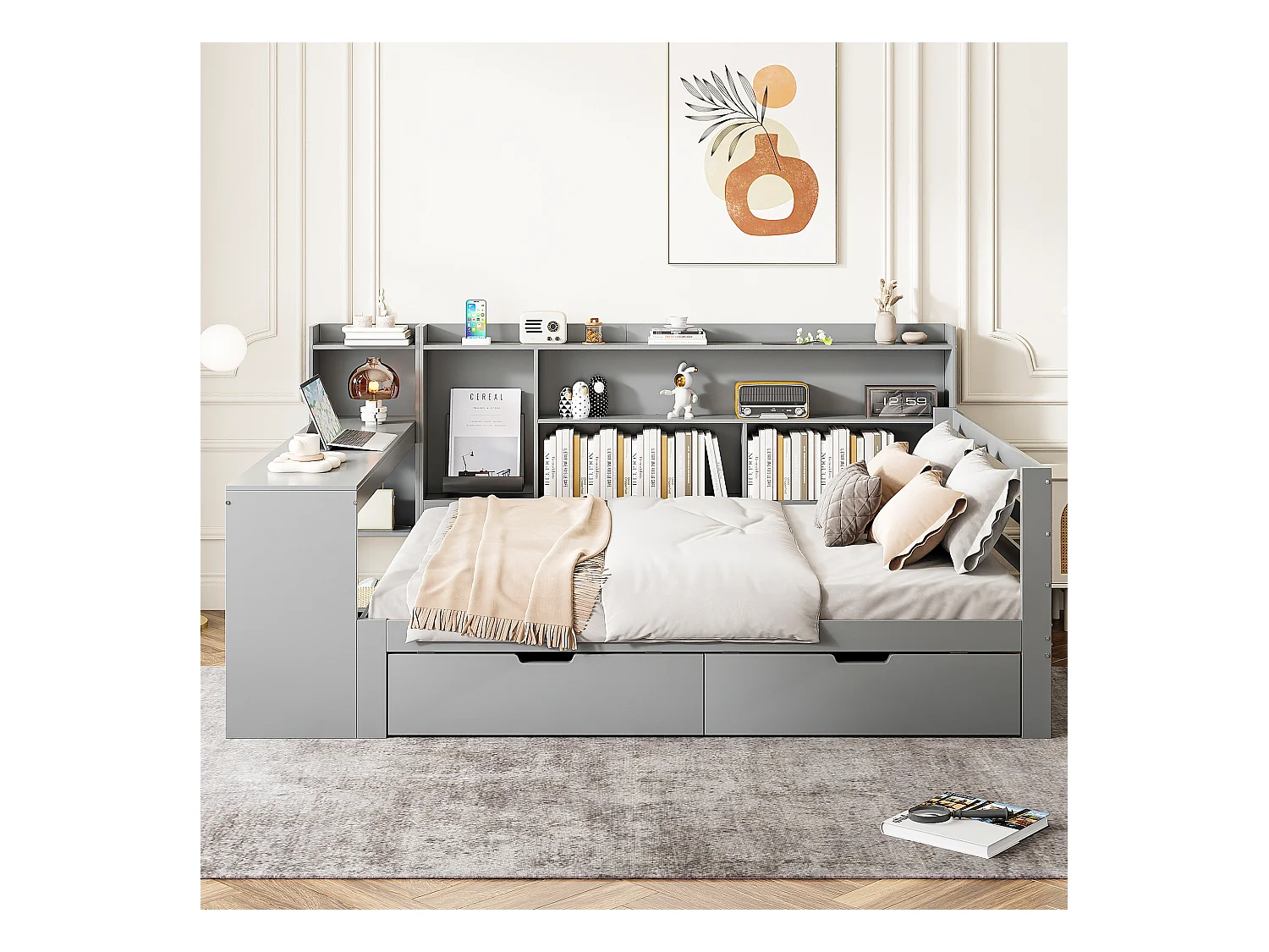 Divano letto singolo grigio 140x200cm con 2 cassetti, scrivania, presa elettrica e contenitore, pino + MDF