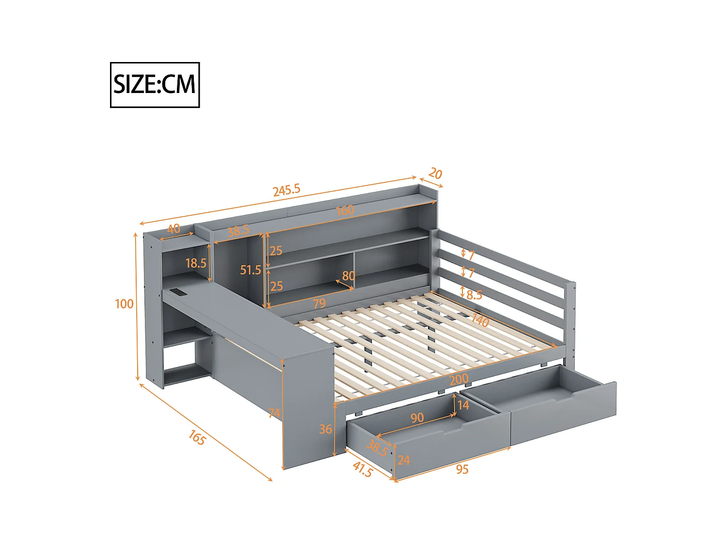 Divano letto singolo grigio 140x200cm con 2 cassetti, scrivania, presa elettrica e contenitore, pino + MDF