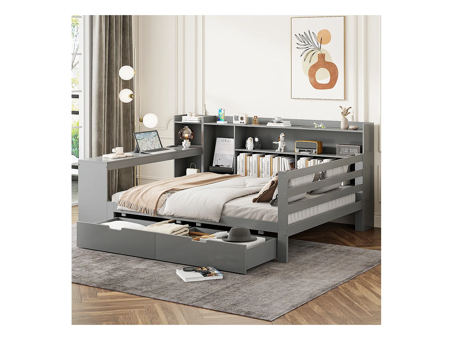 Divano letto singolo grigio 140x200cm con 2 cassetti, scrivania, presa elettrica e contenitore, pino + MDF