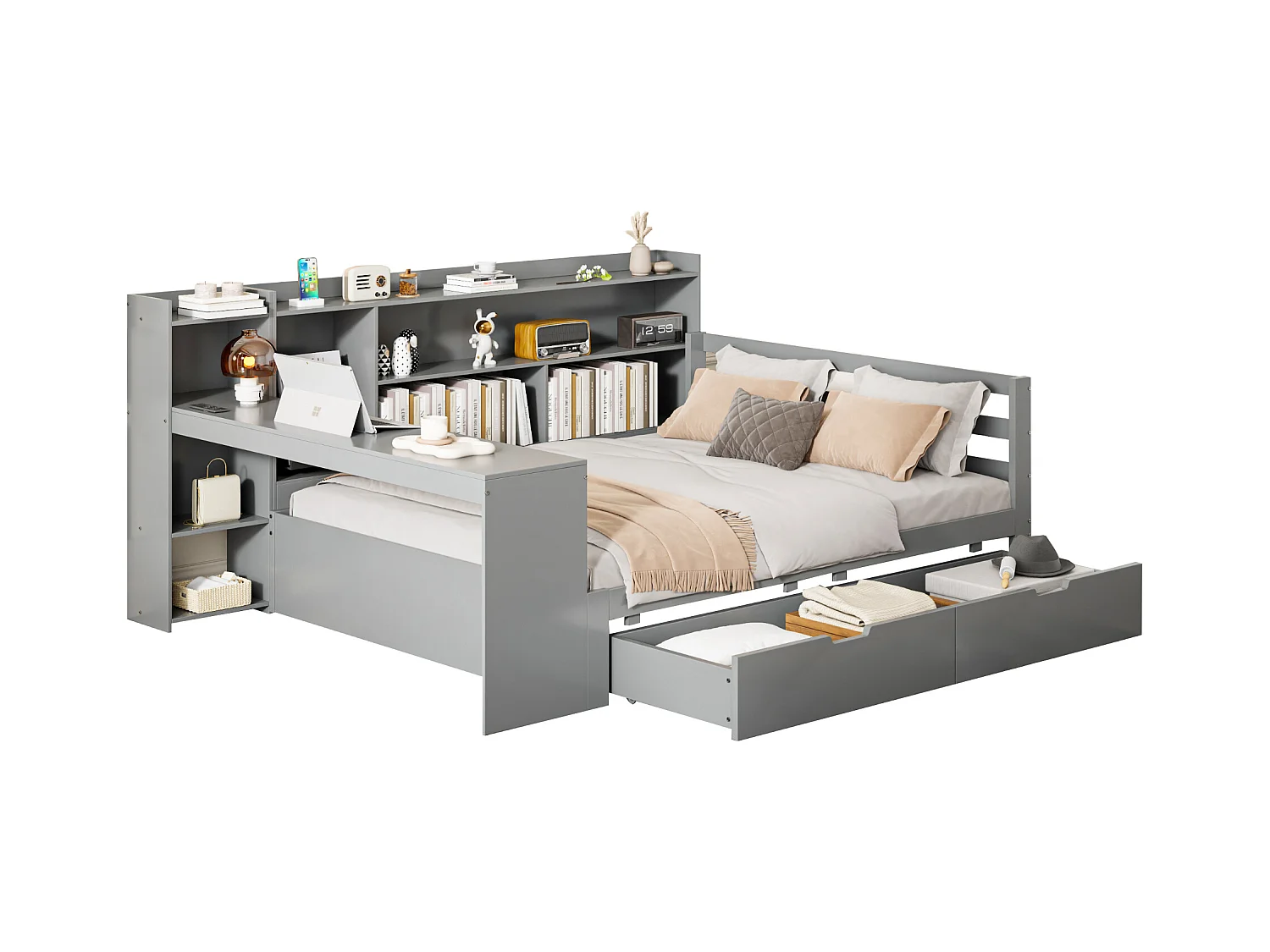 Divano letto singolo grigio 140x200cm con 2 cassetti, scrivania, presa elettrica e contenitore, pino + MDF