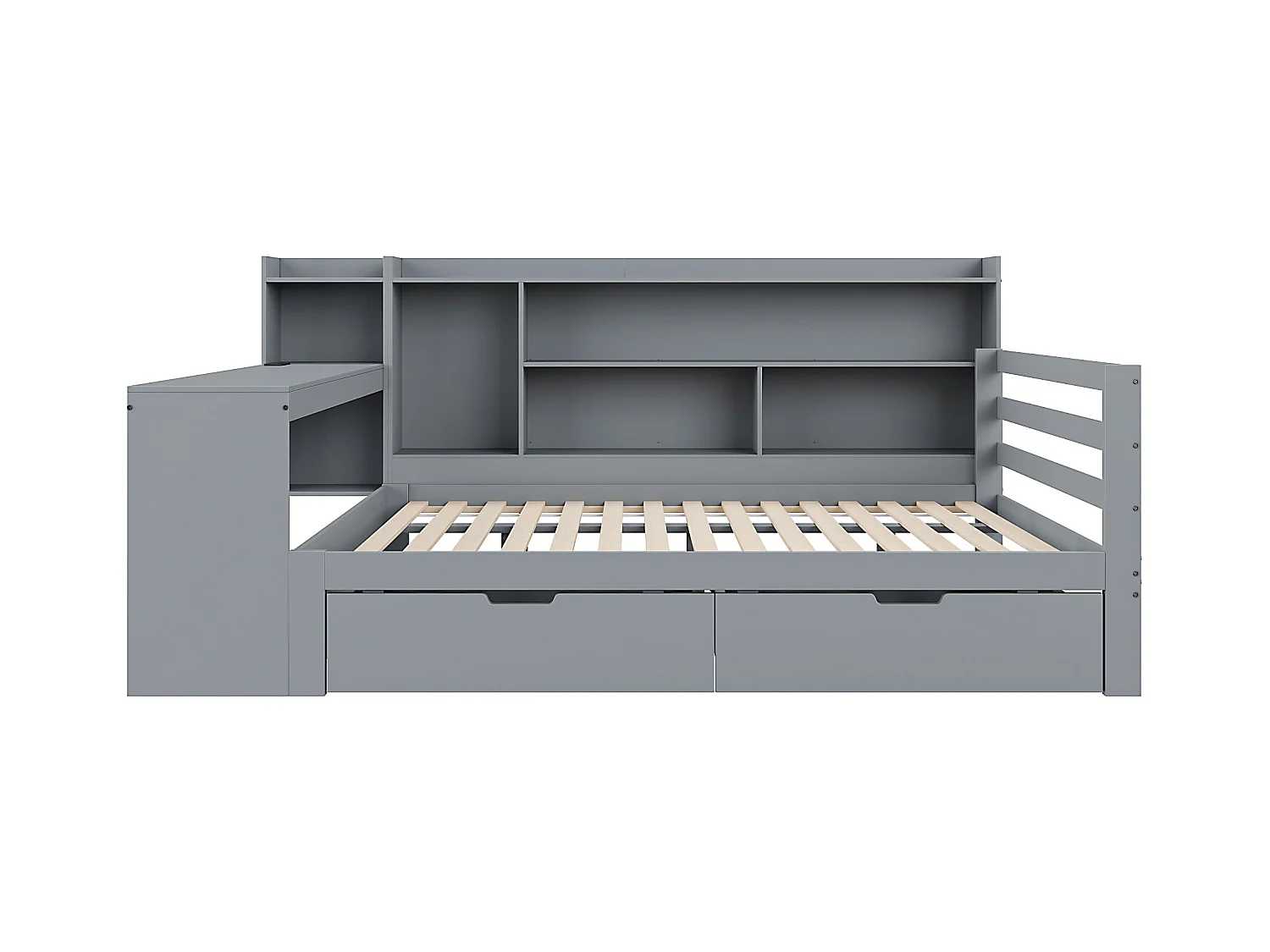 Divano letto singolo grigio 140x200cm con 2 cassetti, scrivania, presa elettrica e contenitore, pino + MDF