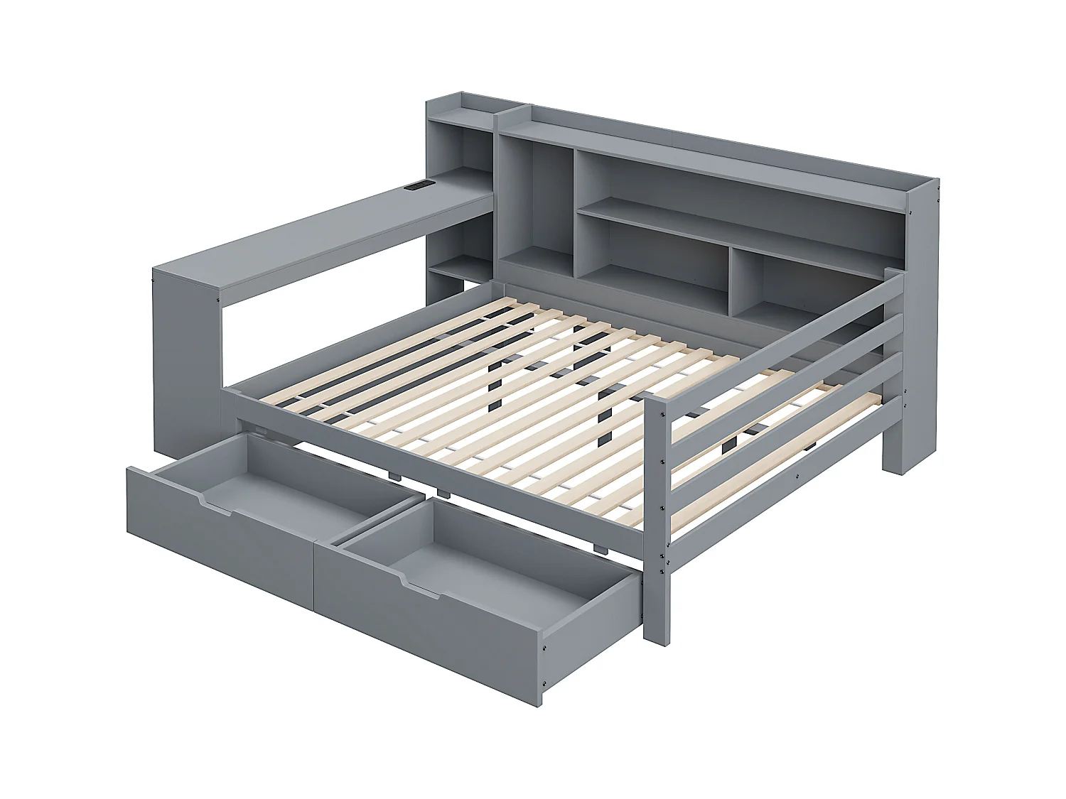 Divano letto singolo grigio 140x200cm con 2 cassetti, scrivania, presa elettrica e contenitore, pino + MDF
