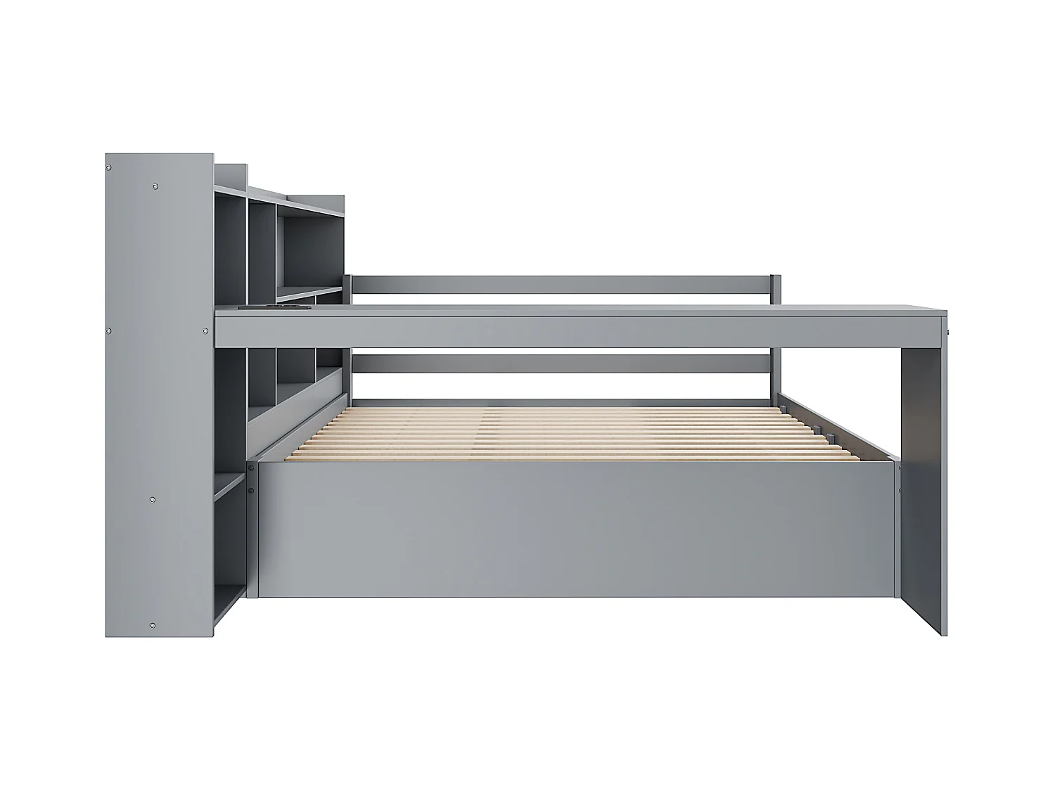 Divano letto singolo grigio 140x200cm con 2 cassetti, scrivania, presa elettrica e contenitore, pino + MDF