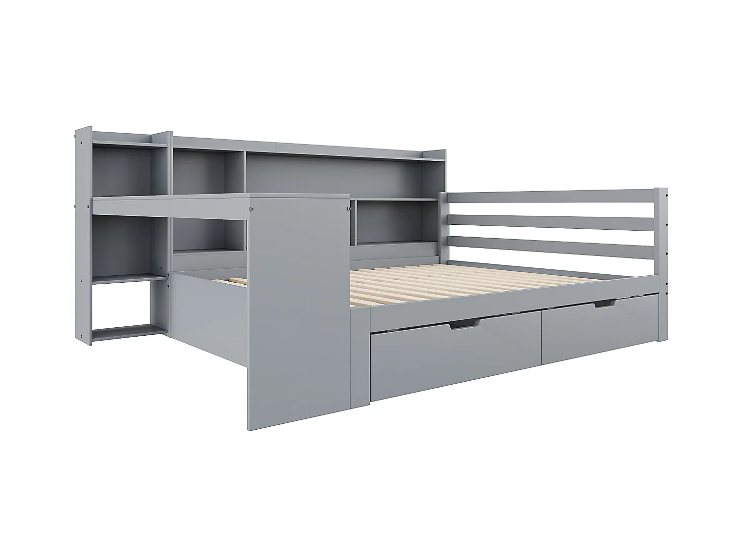 Divano letto singolo grigio 140x200cm con 2 cassetti, scrivania, presa elettrica e contenitore, pino + MDF