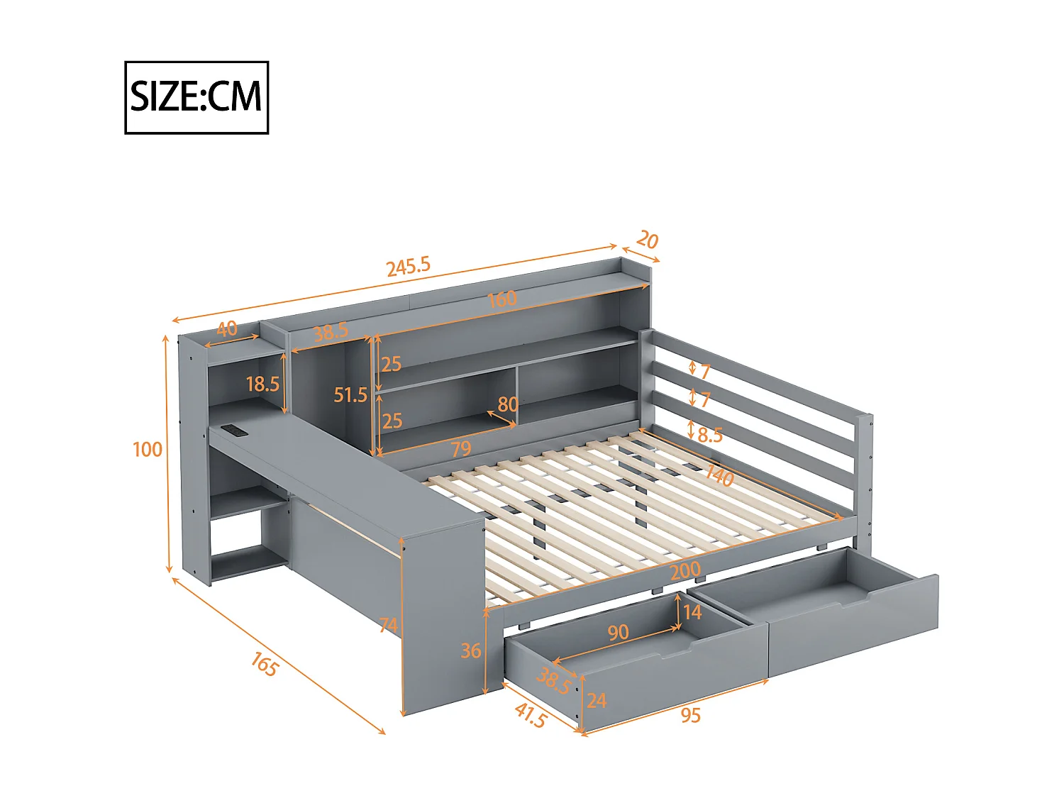 Lit banquette simple gris 140x200cm avec 2 tiroirs, bureau, prise et rangement, pin + MDF