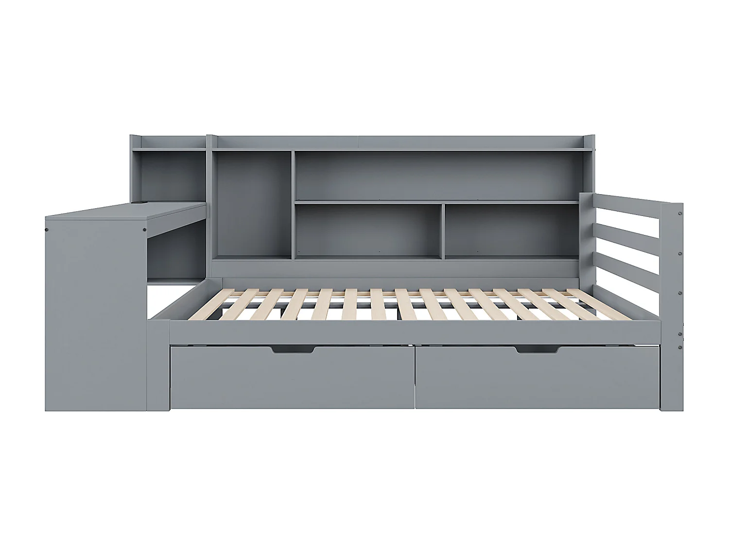 Lit banquette simple gris 140x200cm avec 2 tiroirs, bureau, prise et rangement, pin + MDF