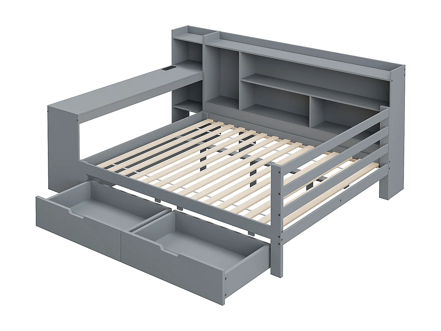 Lit banquette simple gris 140x200cm avec 2 tiroirs, bureau, prise et rangement, pin + MDF