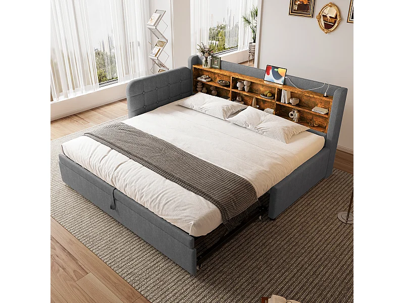 Lit banquette en tissu lin gris 90x200 cm(180x200 cm), ports USB + Type C, rangements, sommier à lattes