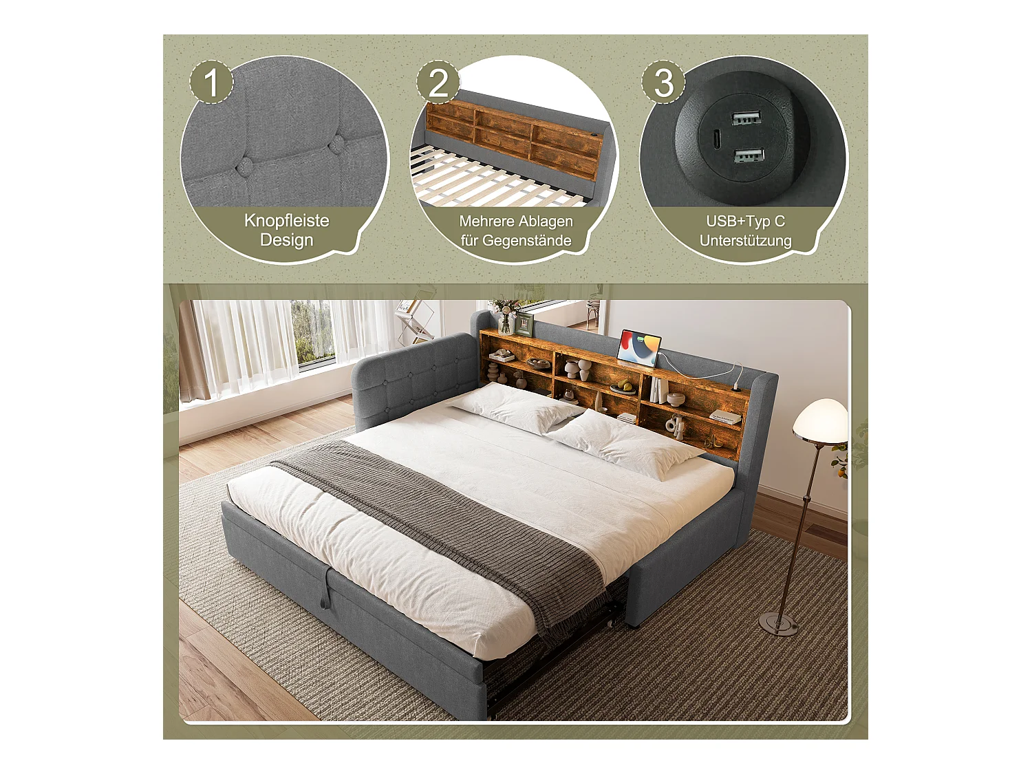 Divano letto in tessuto di lino grigio 90x200 cm (180x200 cm), porte USB + Type C, contenitore, rete a doghe