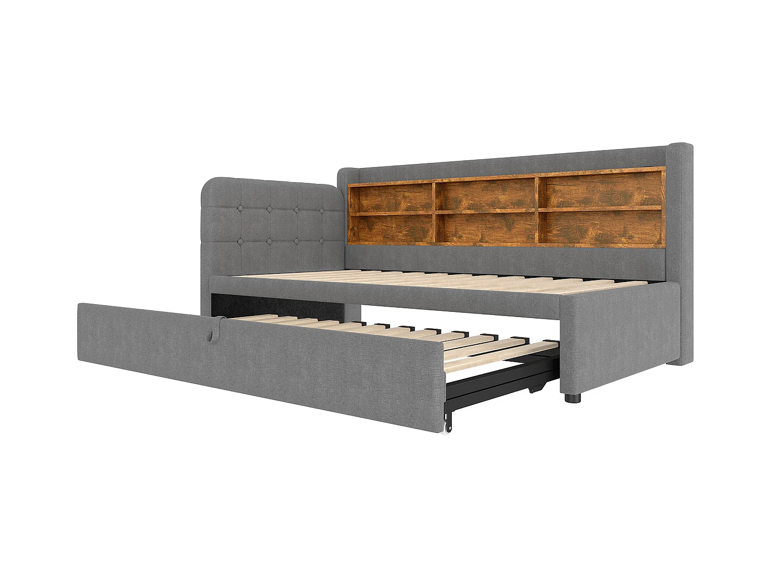 Divano letto in tessuto di lino grigio 90x200 cm (180x200 cm), porte USB + Type C, contenitore, rete a doghe