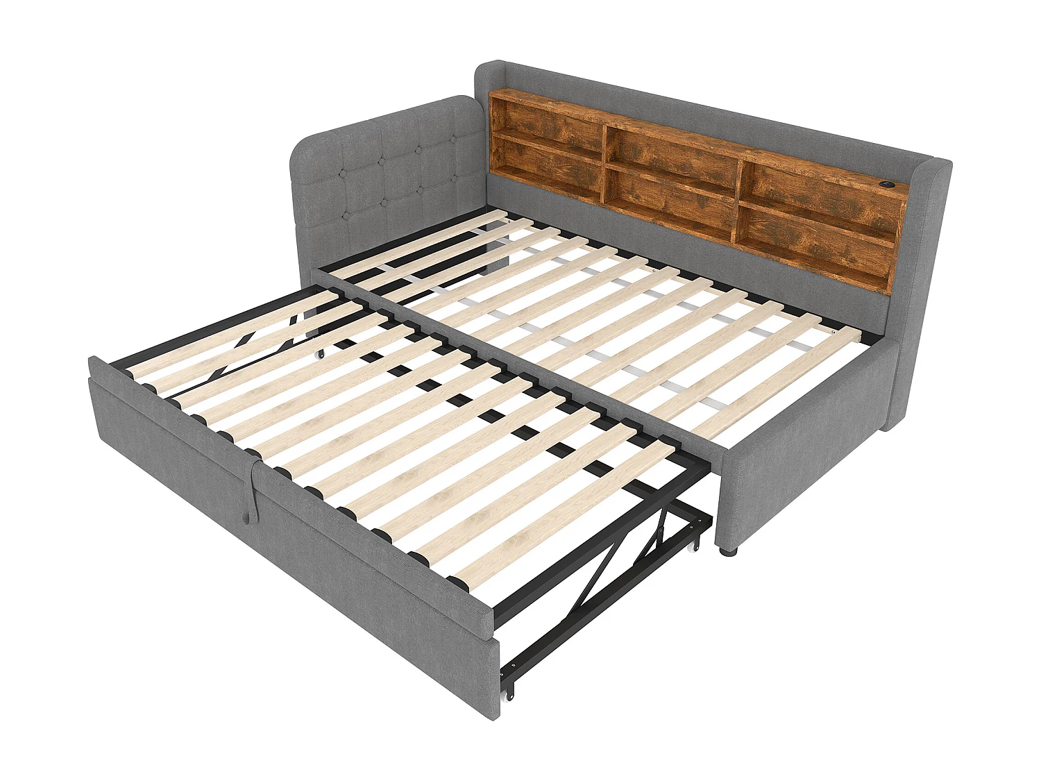 Lit banquette en tissu lin gris 90x200 cm(180x200 cm), ports USB + Type C, rangements, sommier à lattes