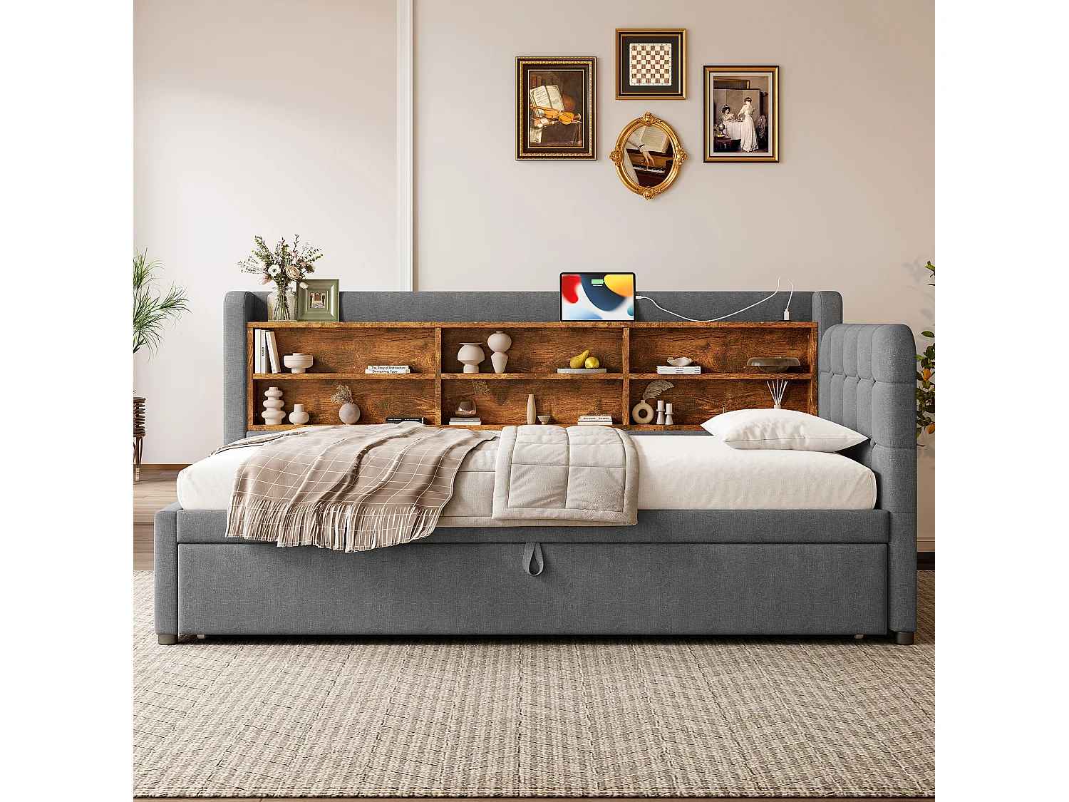 Lit banquette en tissu lin gris 90x200 cm(180x200 cm), ports USB + Type C, rangements, sommier à lattes