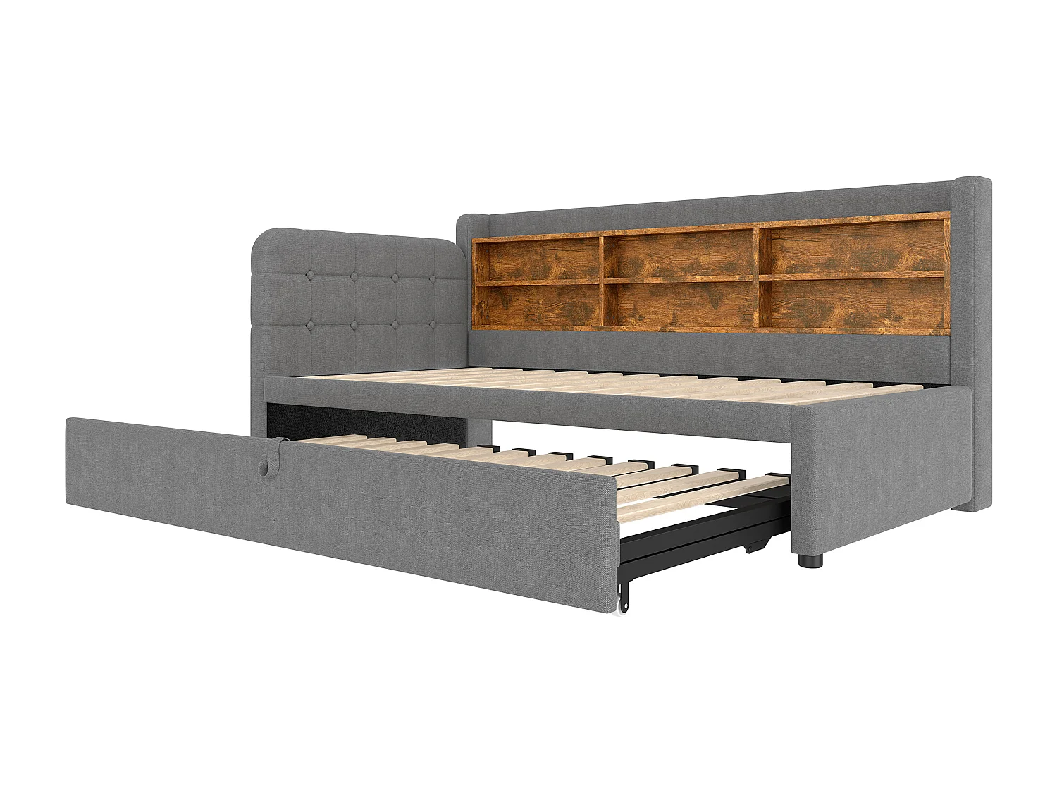 Lit banquette en tissu lin gris 90x200 cm(180x200 cm), ports USB + Type C, rangements, sommier à lattes