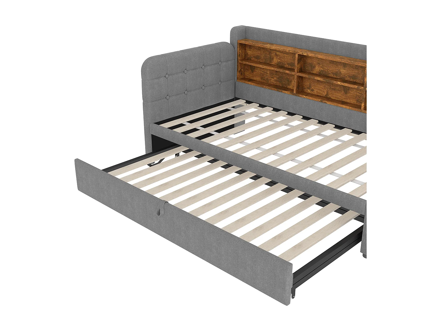 Lit banquette en tissu lin gris 90x200 cm(180x200 cm), ports USB + Type C, rangements, sommier à lattes