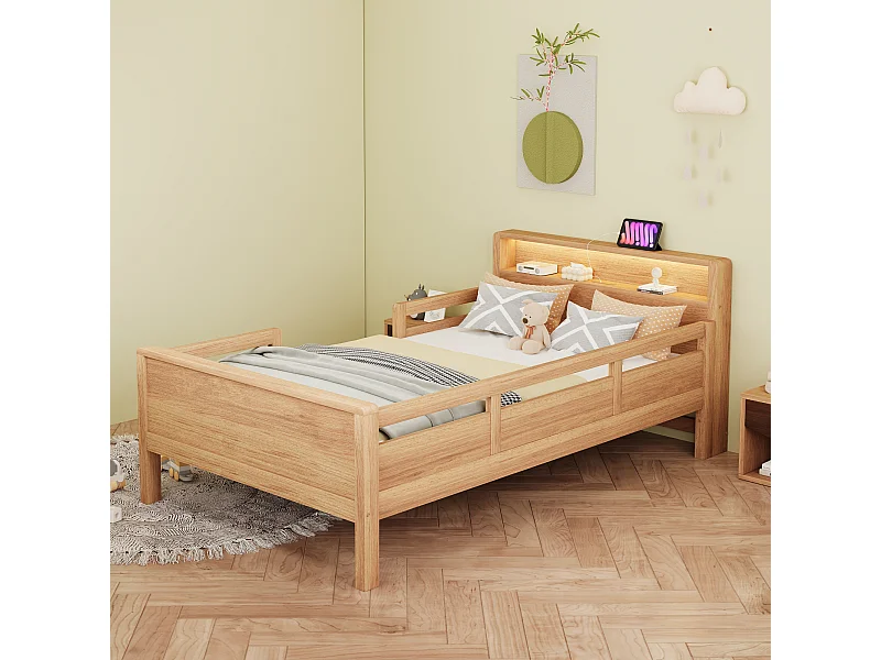 Letto per bambini naturale 90x200cm con illuminazione a LED, presa e contenitore, legno
