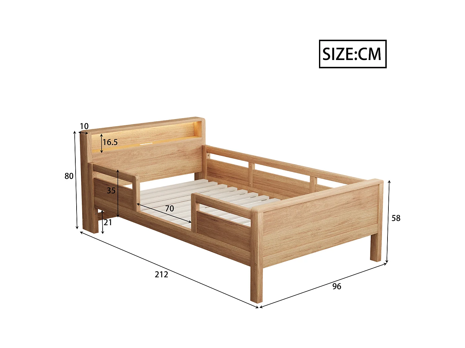 Lit enfant naturel 90x200cm avec éclairage LED, prise et rangement, bois