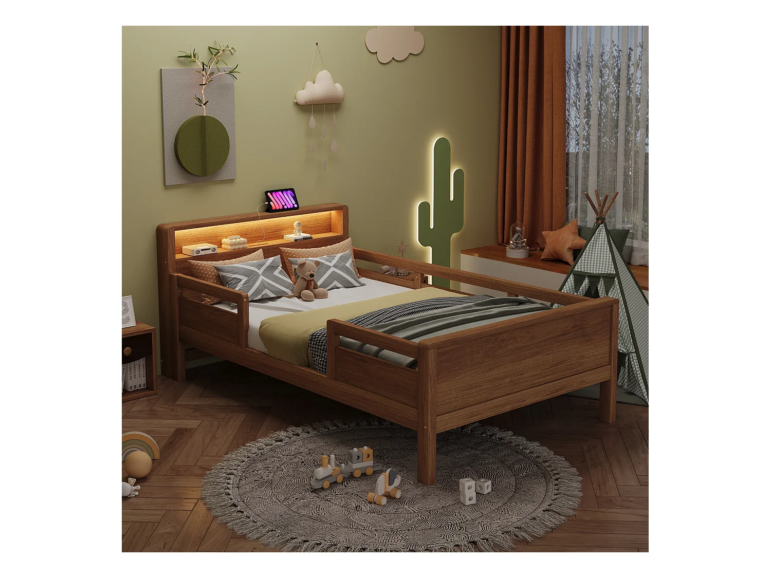 Lit enfant naturel 90x200cm avec éclairage LED, prise et rangement, bois