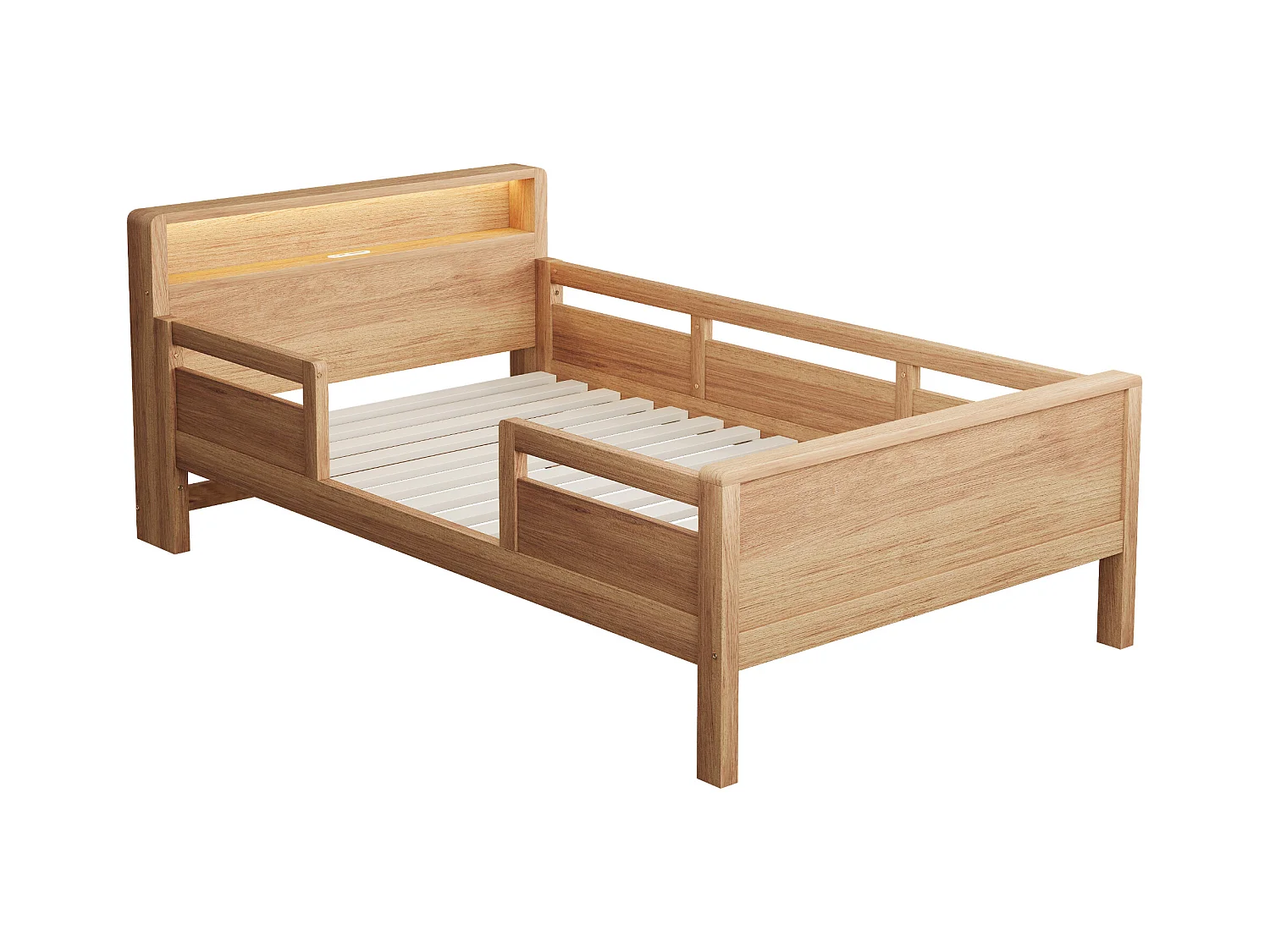 Lit enfant naturel 90x200cm avec éclairage LED, prise et rangement, bois