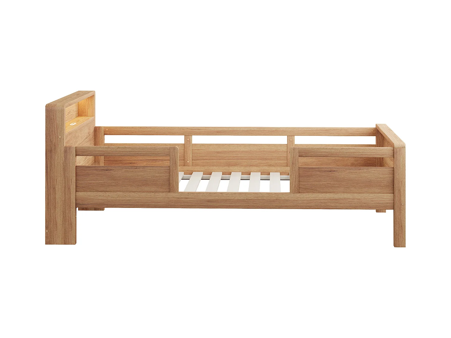 Lit enfant naturel 90x200cm avec éclairage LED, prise et rangement, bois