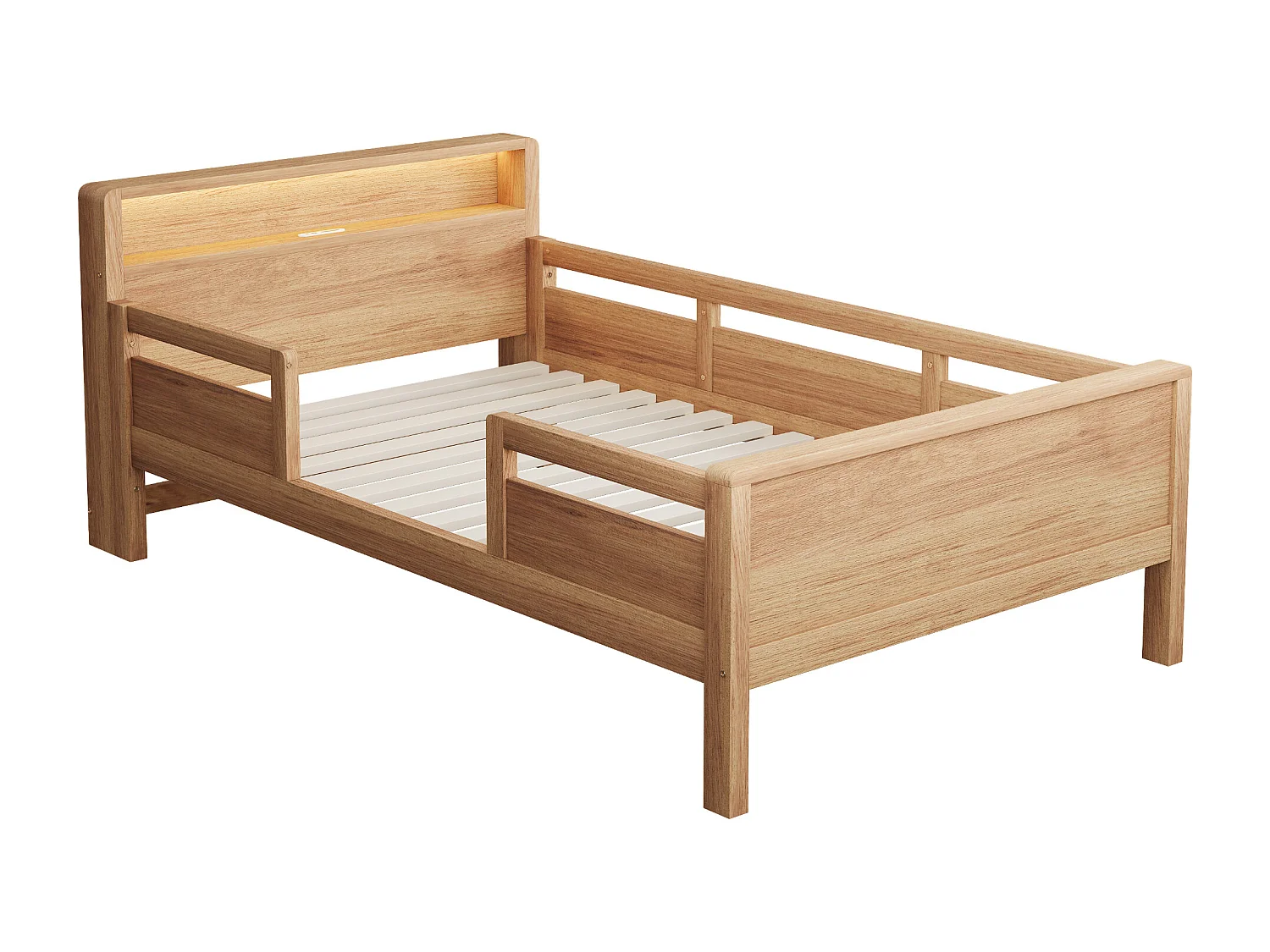 Natuurlijk kinderbed 90x200cm met LED-verlichting, stopcontact en opbergruimte, hout