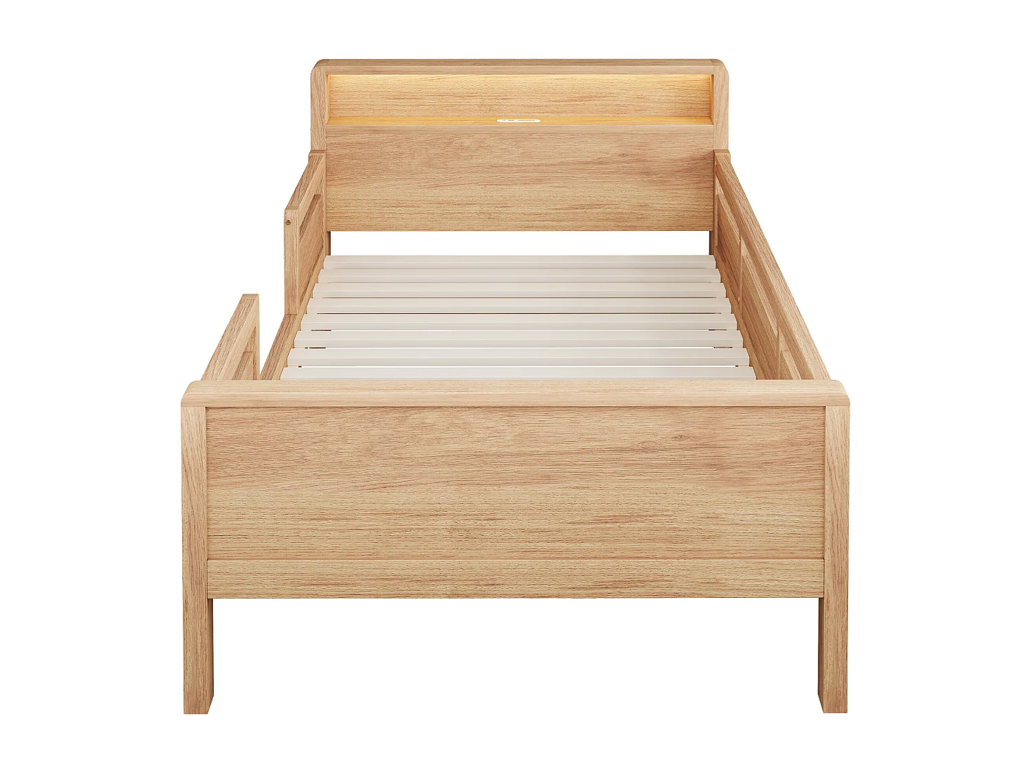 Natuurlijk kinderbed 90x200cm met LED-verlichting, stopcontact en opbergruimte, hout