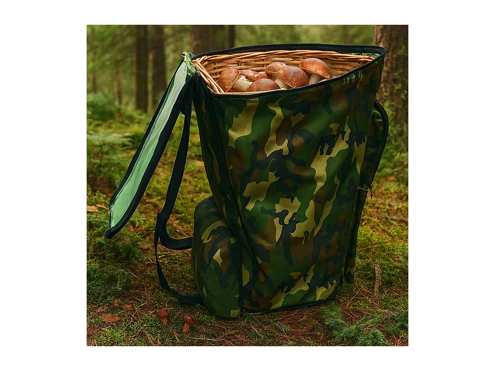 Sac à dos camouflage vert pour champignons avec panier en osier Gerla pour la cueillette des châtaignes
