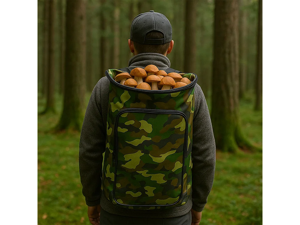 Sac à dos camouflage vert pour champignons avec panier en osier Gerla pour la cueillette des châtaignes