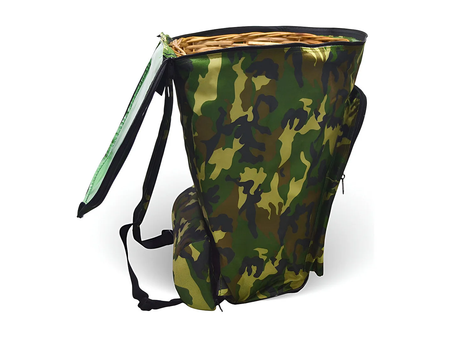 Sac à dos camouflage vert pour champignons avec panier en osier Gerla pour la cueillette des châtaignes