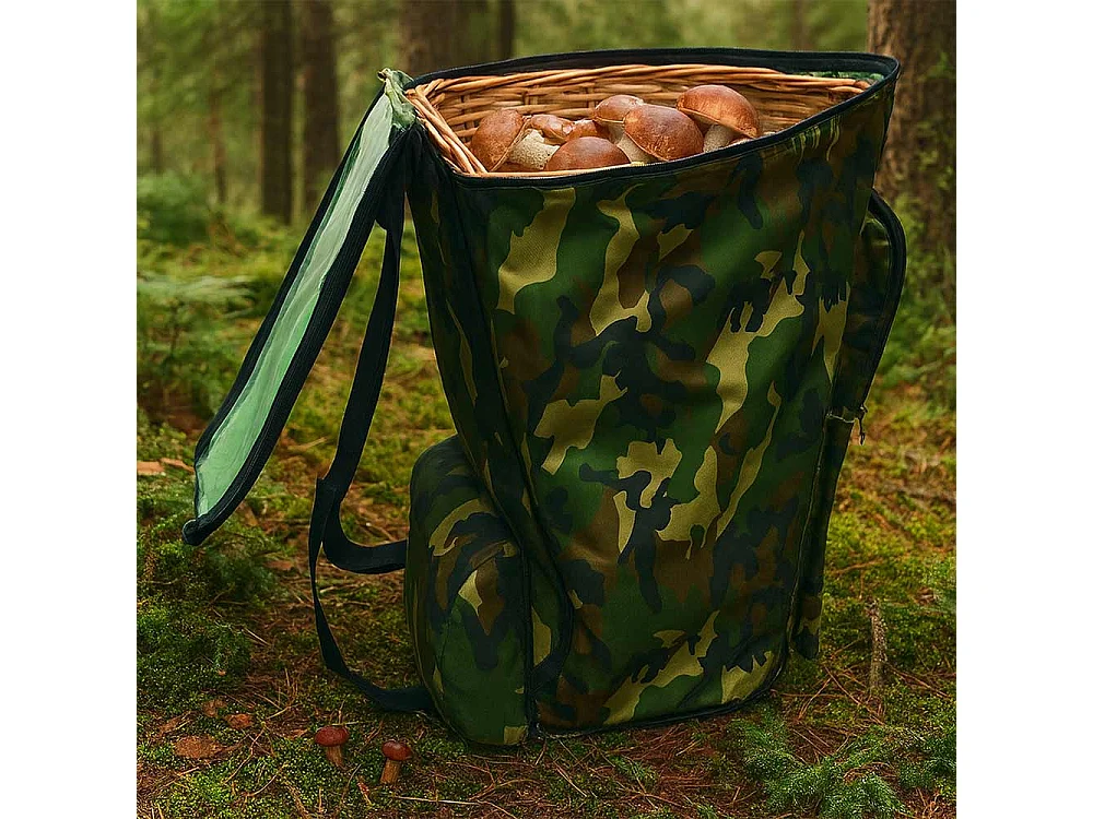 Sac à dos camouflage vert pour champignons avec panier en osier Gerla pour la cueillette des châtaignes
