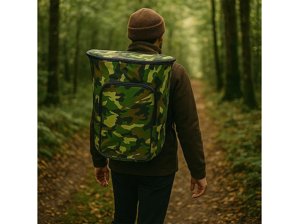Sac à dos camouflage vert pour champignons avec panier en osier Gerla pour la cueillette des châtaignes