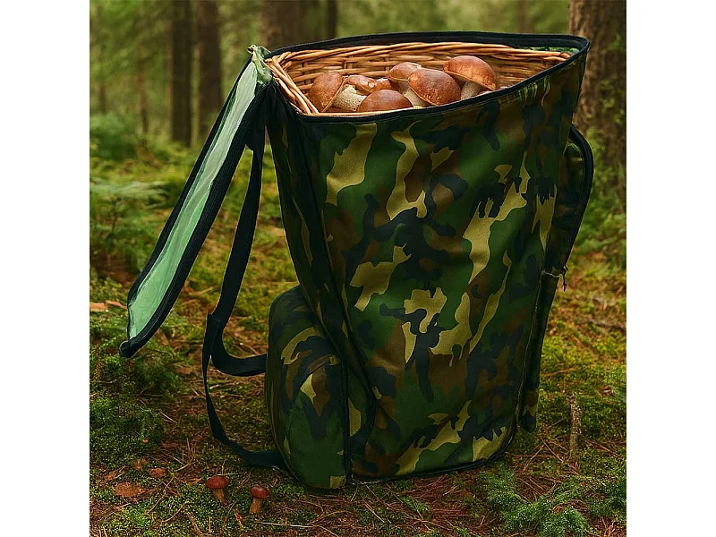 Sac à dos camouflage vert pour champignons avec panier en osier Gerla pour la cueillette des châtaignes