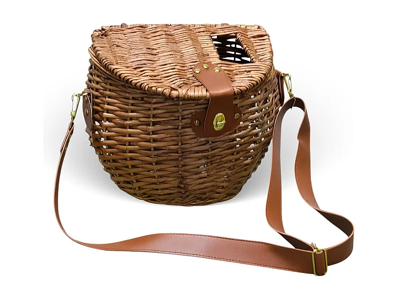 Kleine ovale rieten paddenstoelmand met schouderband en opening in het deksel 36x21x30