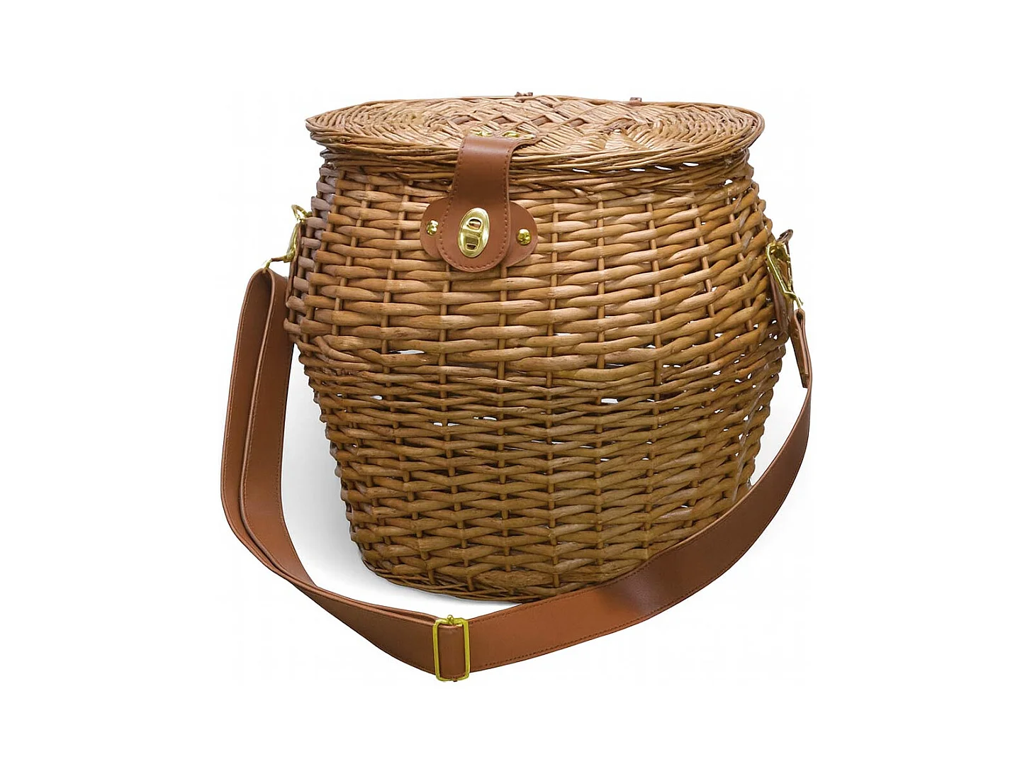 Grand panier à champignons ovale en osier avec couvercle et bandoulière 37 x 25 x h 34 cm
